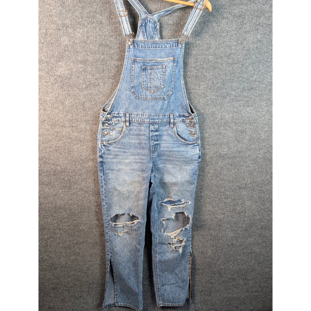American Eagle Tomgirl Overalls Distressed Light Wash Denim Bib Slit Hem Size M